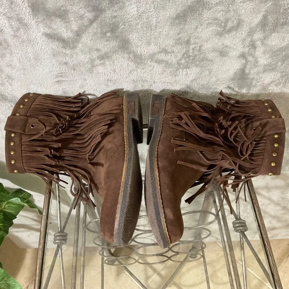 Corky's KATO Ankle Boots Women's size 7 Brown Faux Suede Fringe Studded Bootie